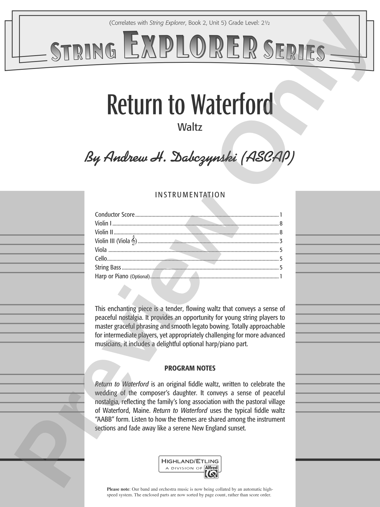 Return to Waterford: String Orchestra Conductor Score & Parts