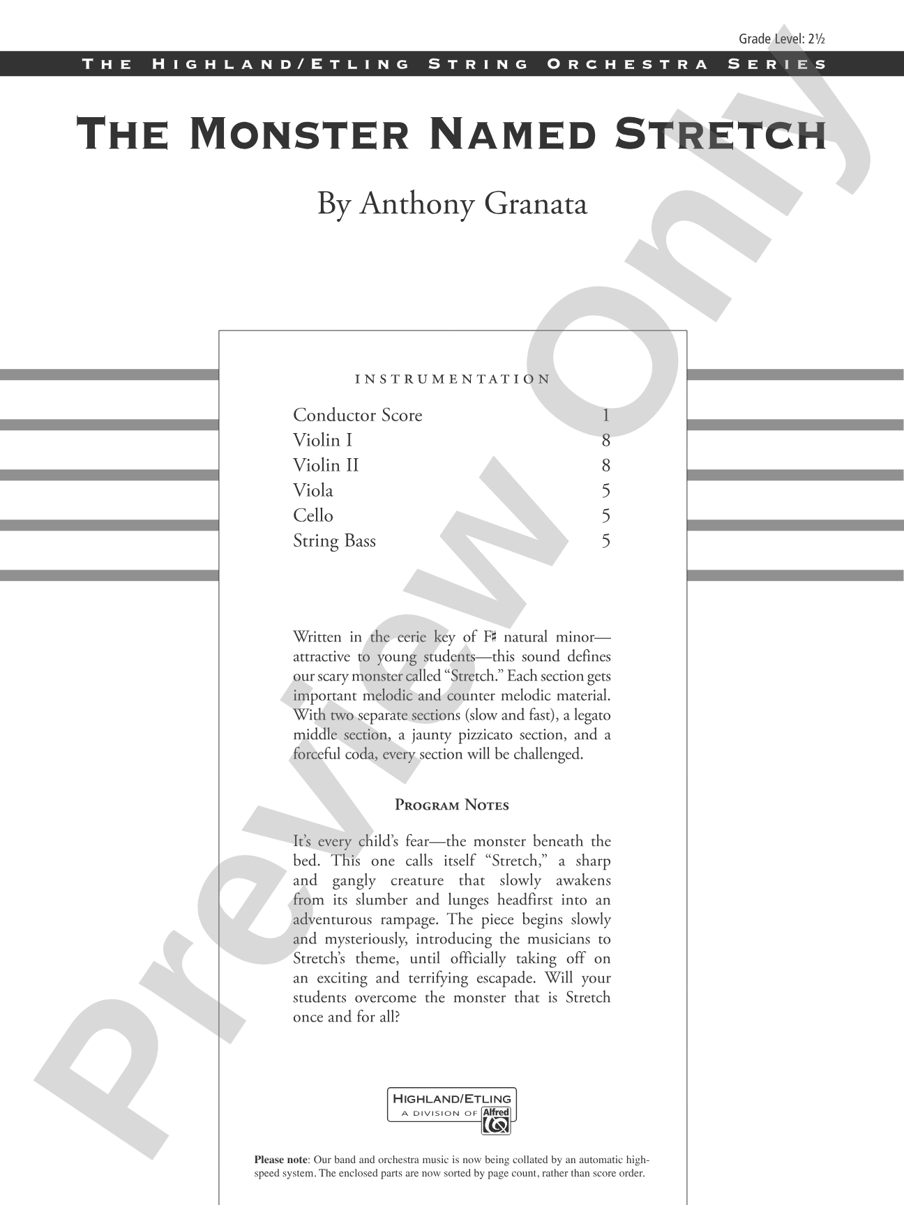 The Monster Named Stretch: String Orchestra Conductor Score & Parts