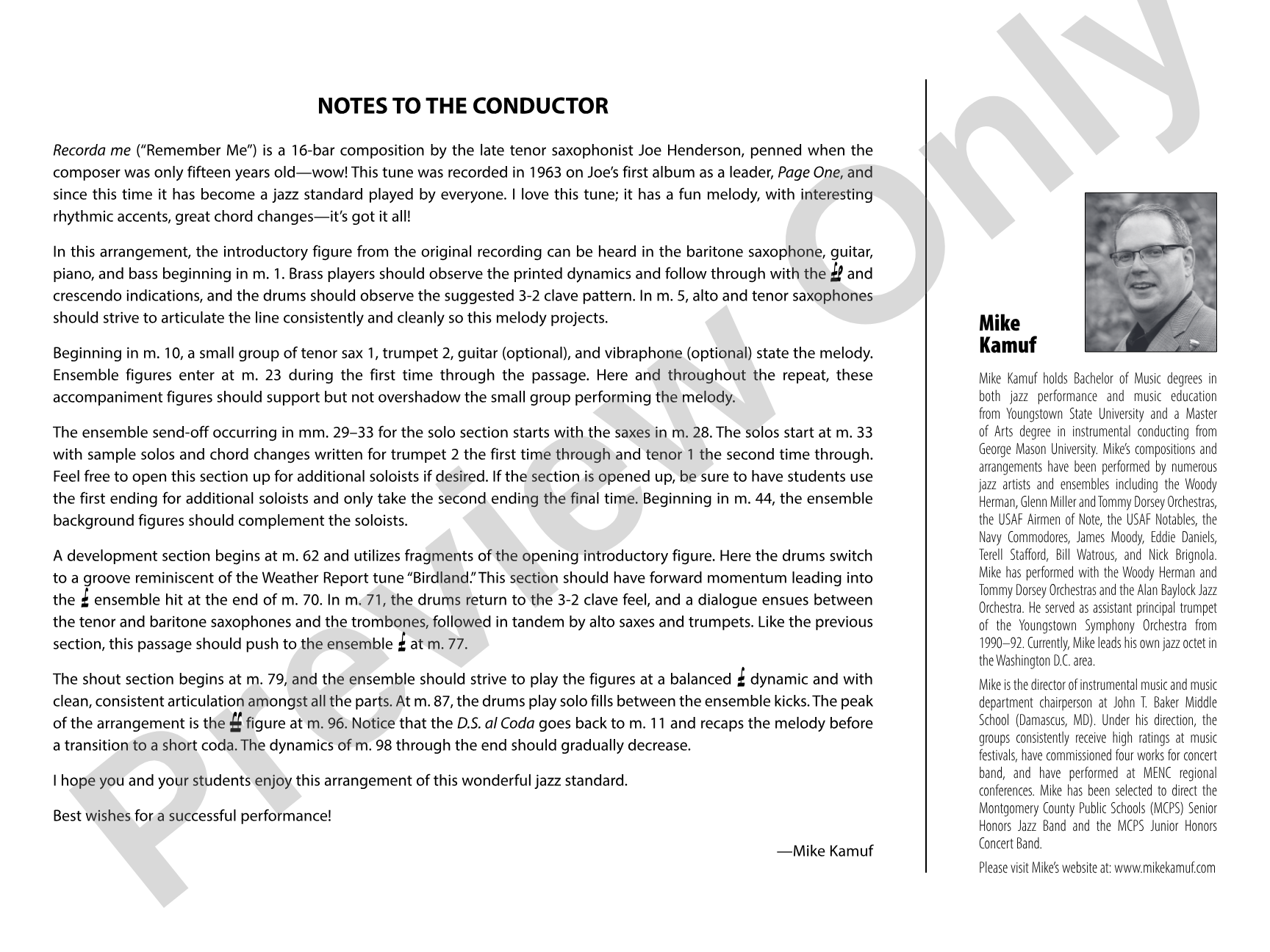 Recorda Me: Jazz Ensemble Conductor Score & Parts