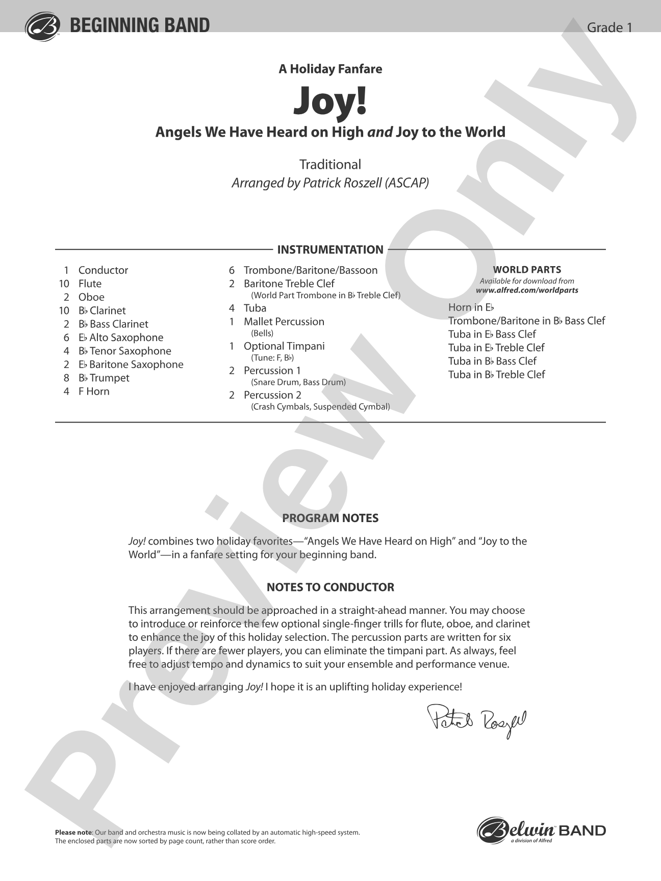 Joy! A Holiday Fanfare: Concert Band Conductor Score & Parts