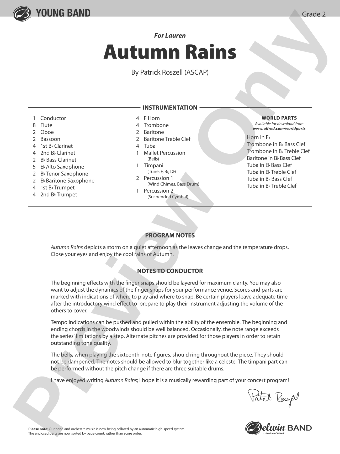 Autumn Rains: Concert Band Conductor Score & Parts