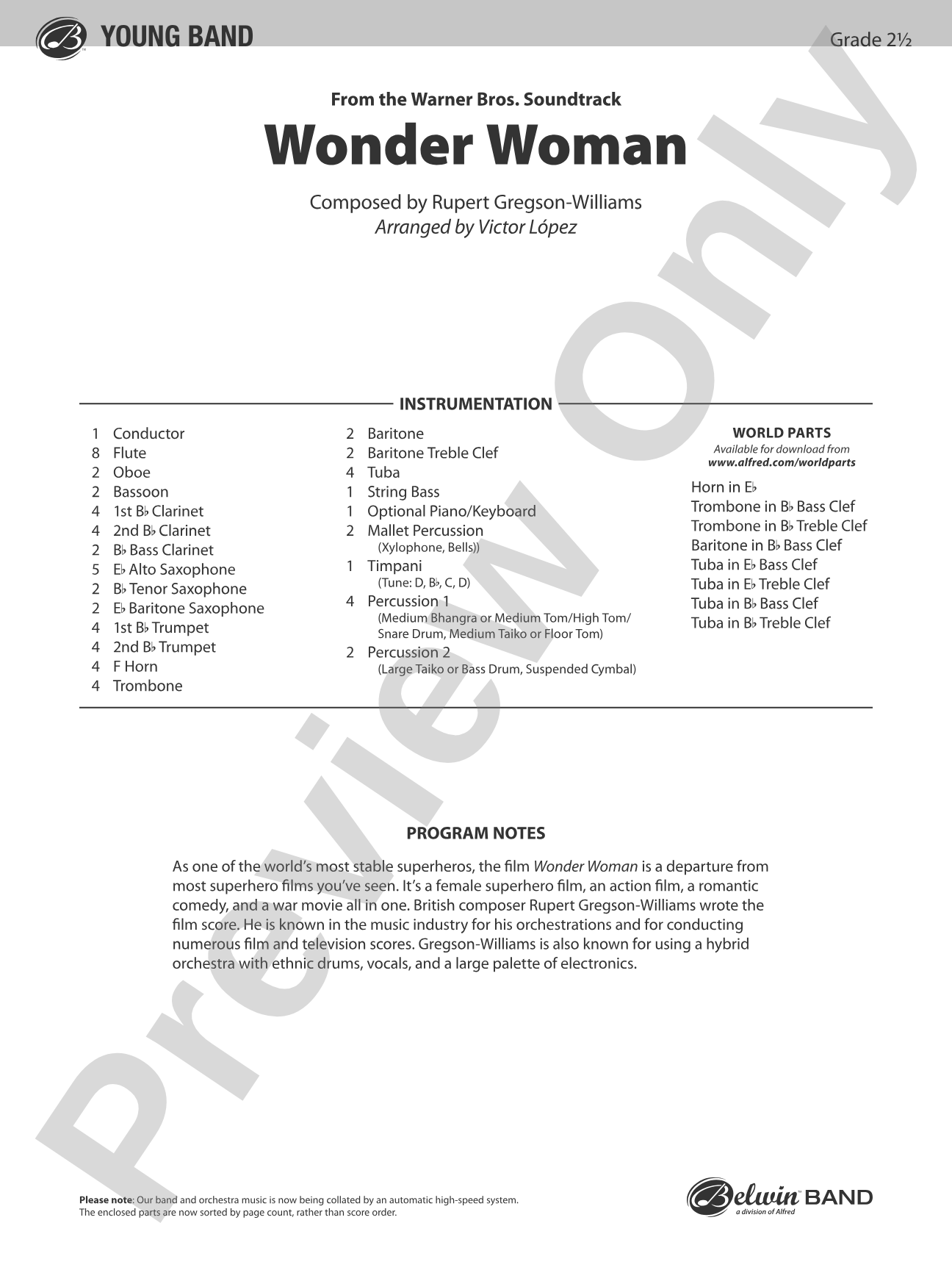 Wonder Woman: From the Warner Bros. Soundtrack: Concert Band Conductor Score & Parts