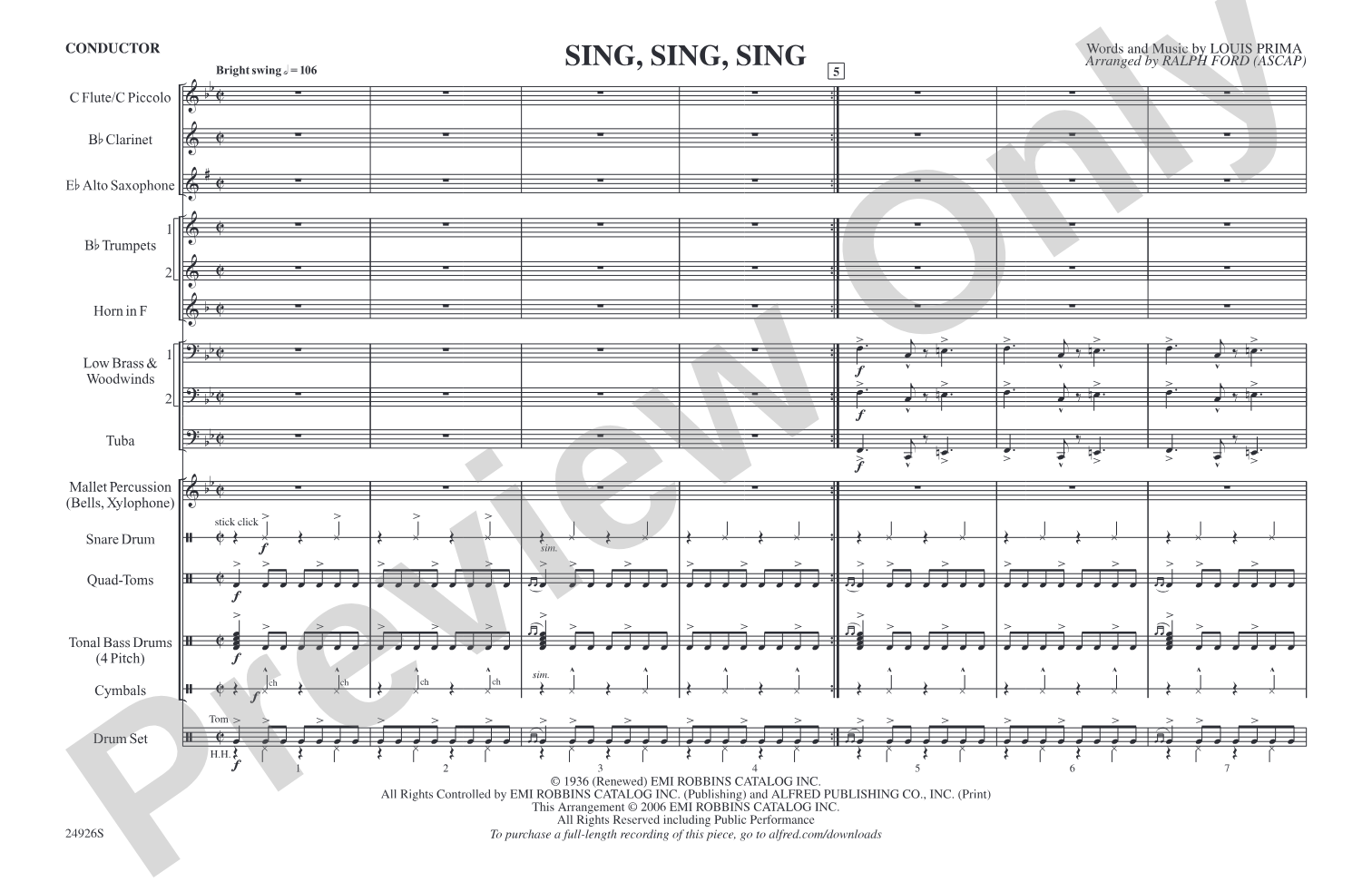 Sing, Sing, Sing: Marching Band Conductor Score & Parts
