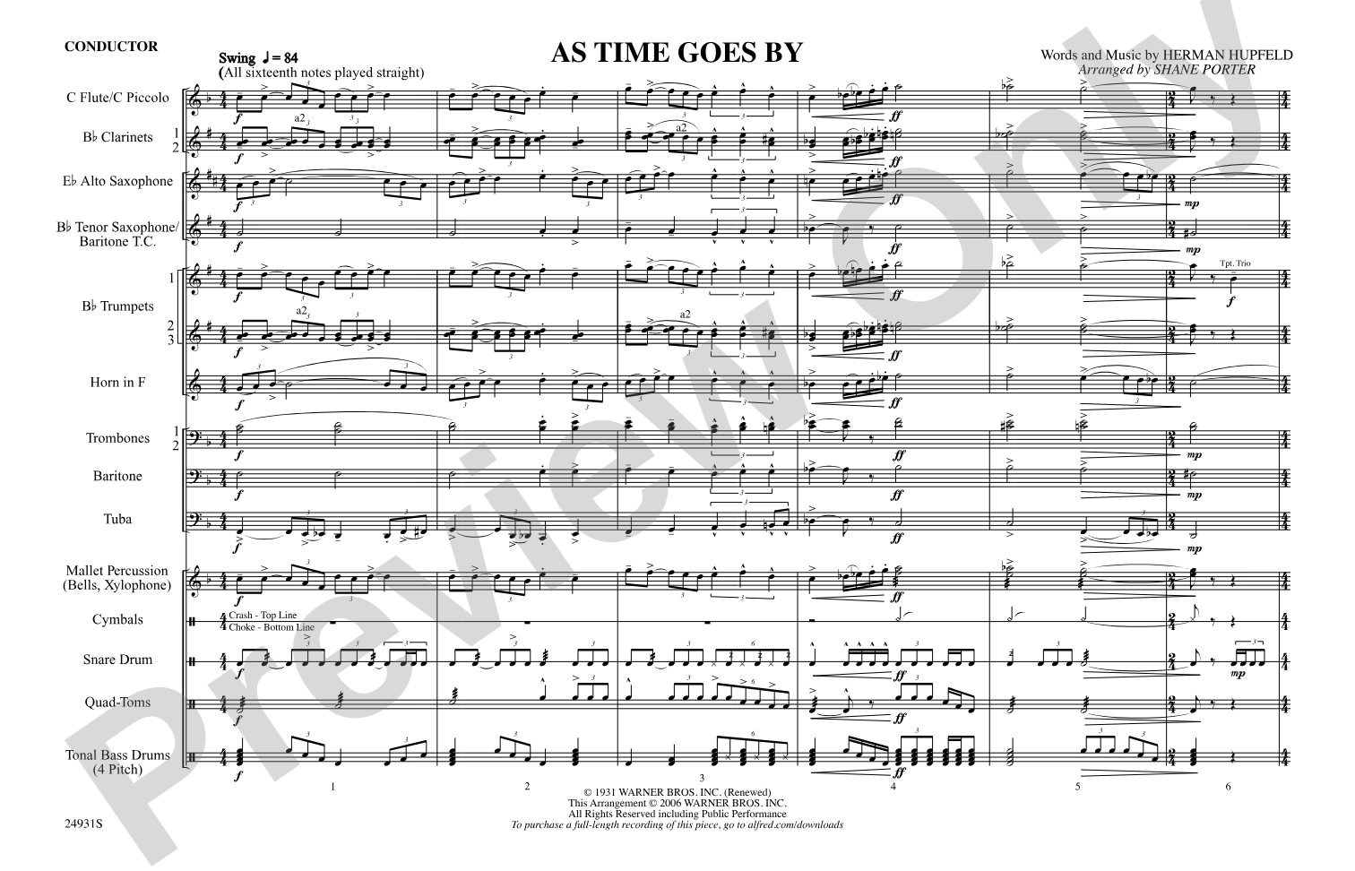 As Time Goes By: Marching Band Conductor Score & Parts