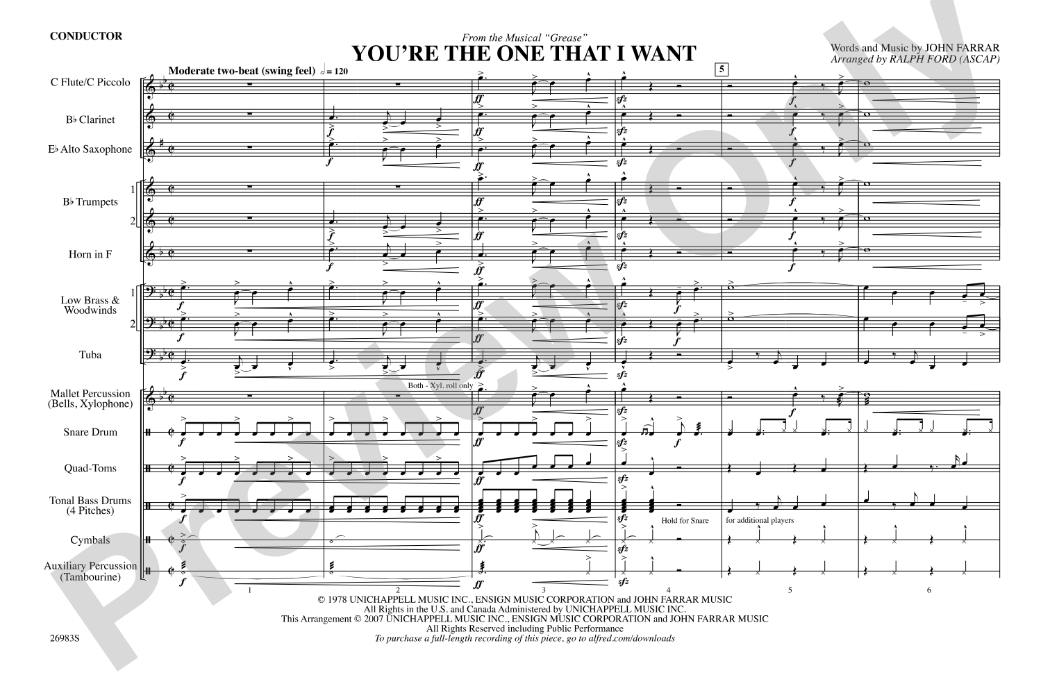 You're the One That I Want (from the musical Grease): Marching Band Conductor Score & Parts