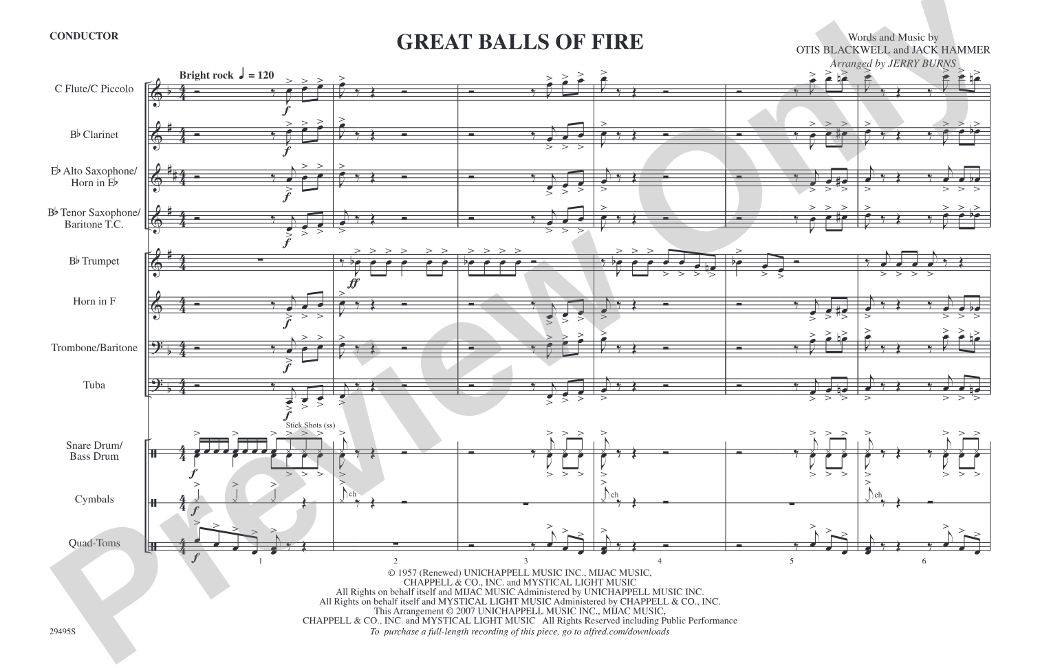 Great Balls of Fire: Marching Band Conductor Score & Parts