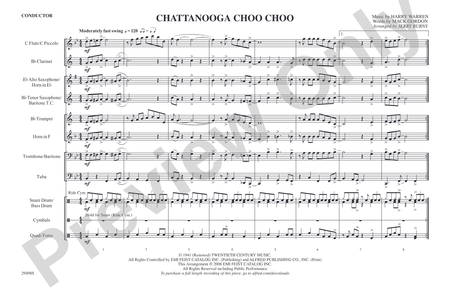 Chattanooga Choo Choo: Marching Band Conductor Score & Parts