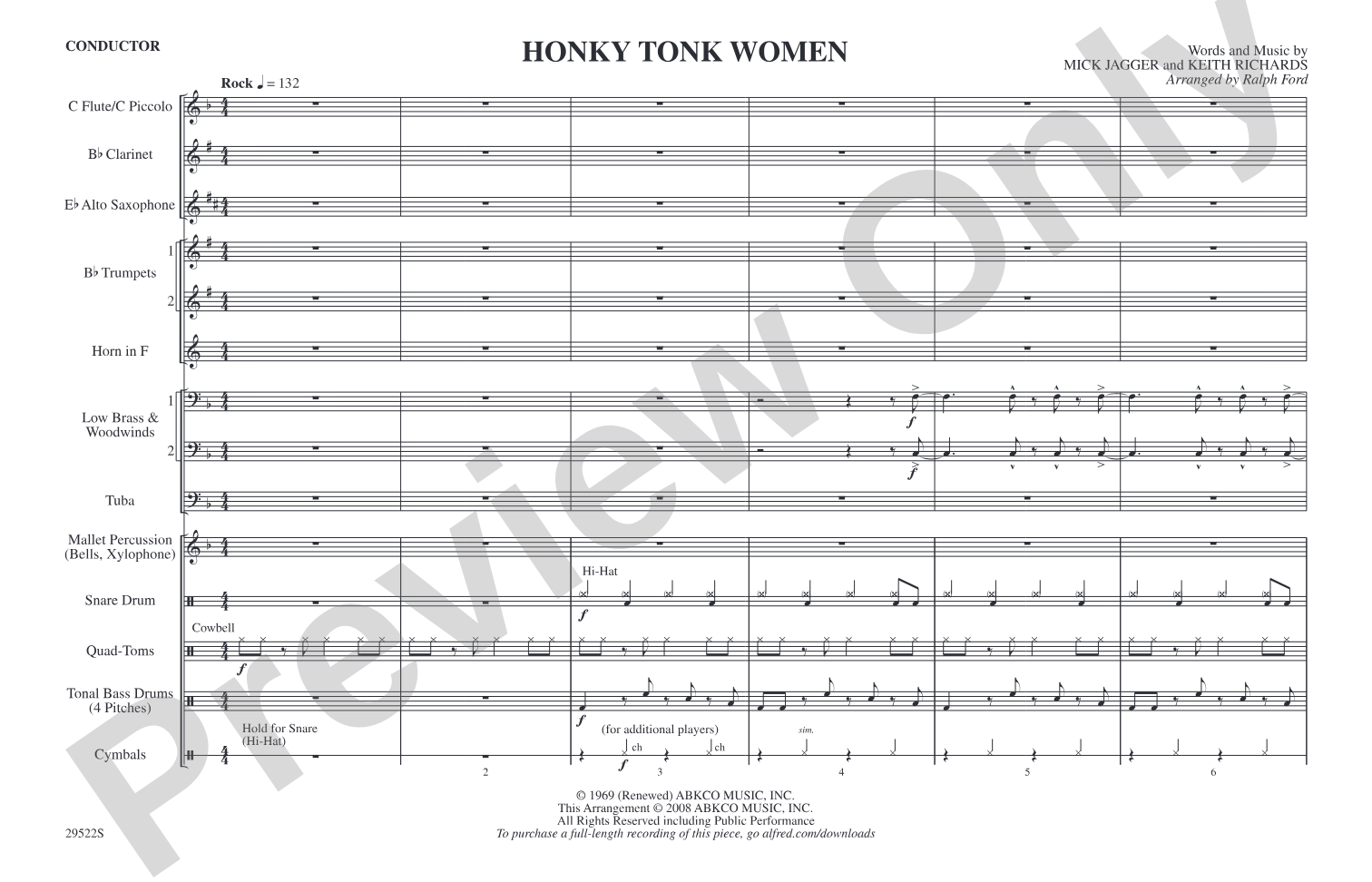Honky Tonk Women: Marching Band Conductor Score & Parts