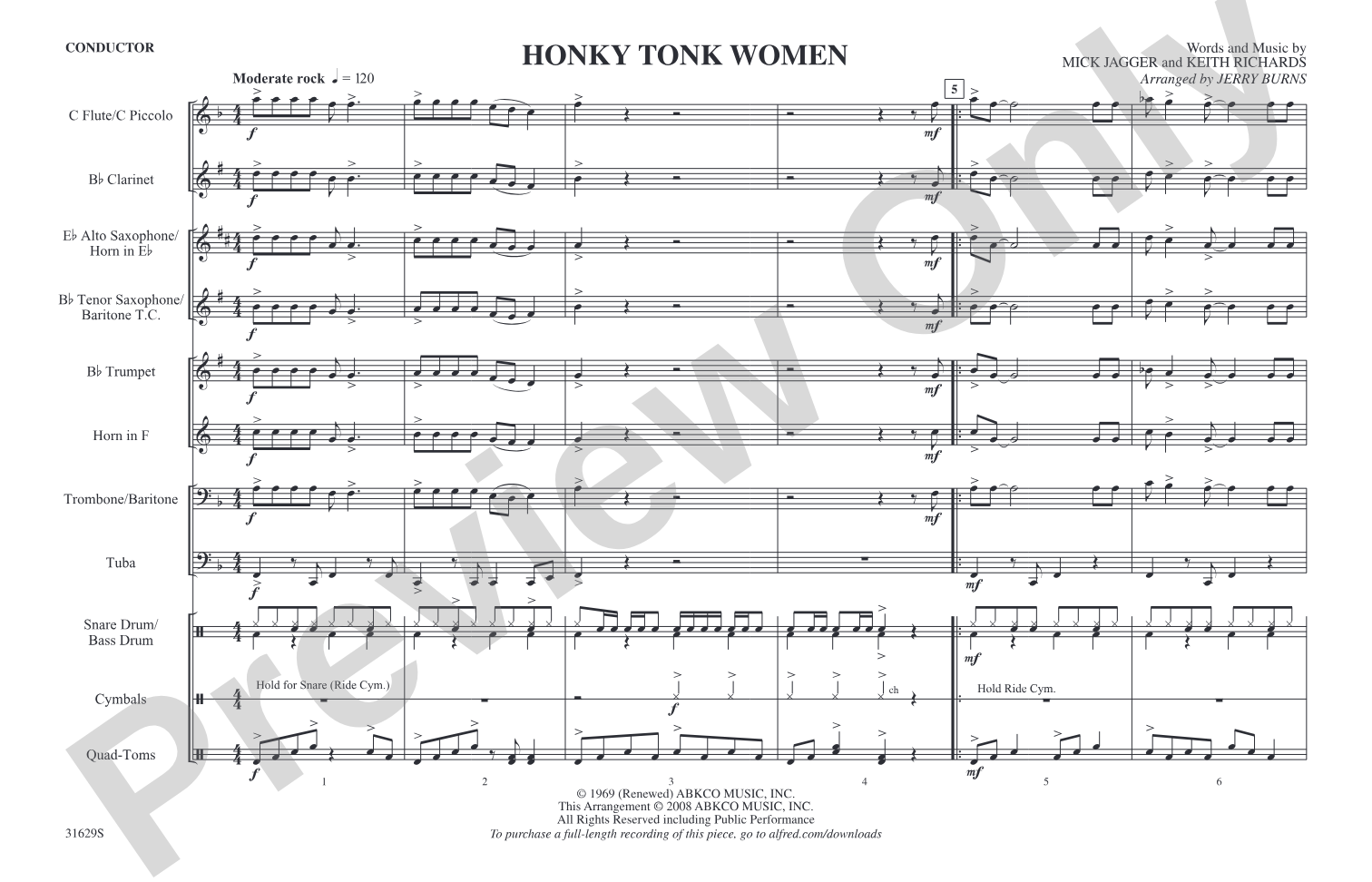 Honky Tonk Women: Marching Band Conductor Score & Parts