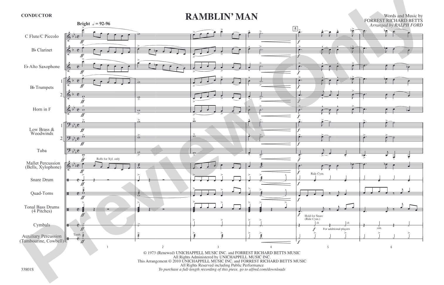 Ramblin' Man: Marching Band Conductor Score & Parts