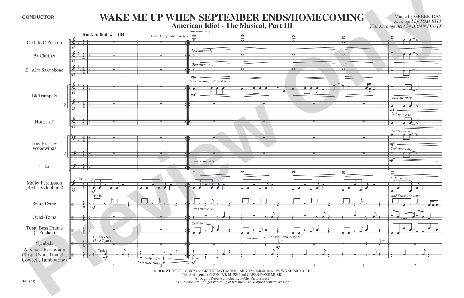 Wake Me Up When September Ends / Homecoming: Marching Band Conductor Score & Parts