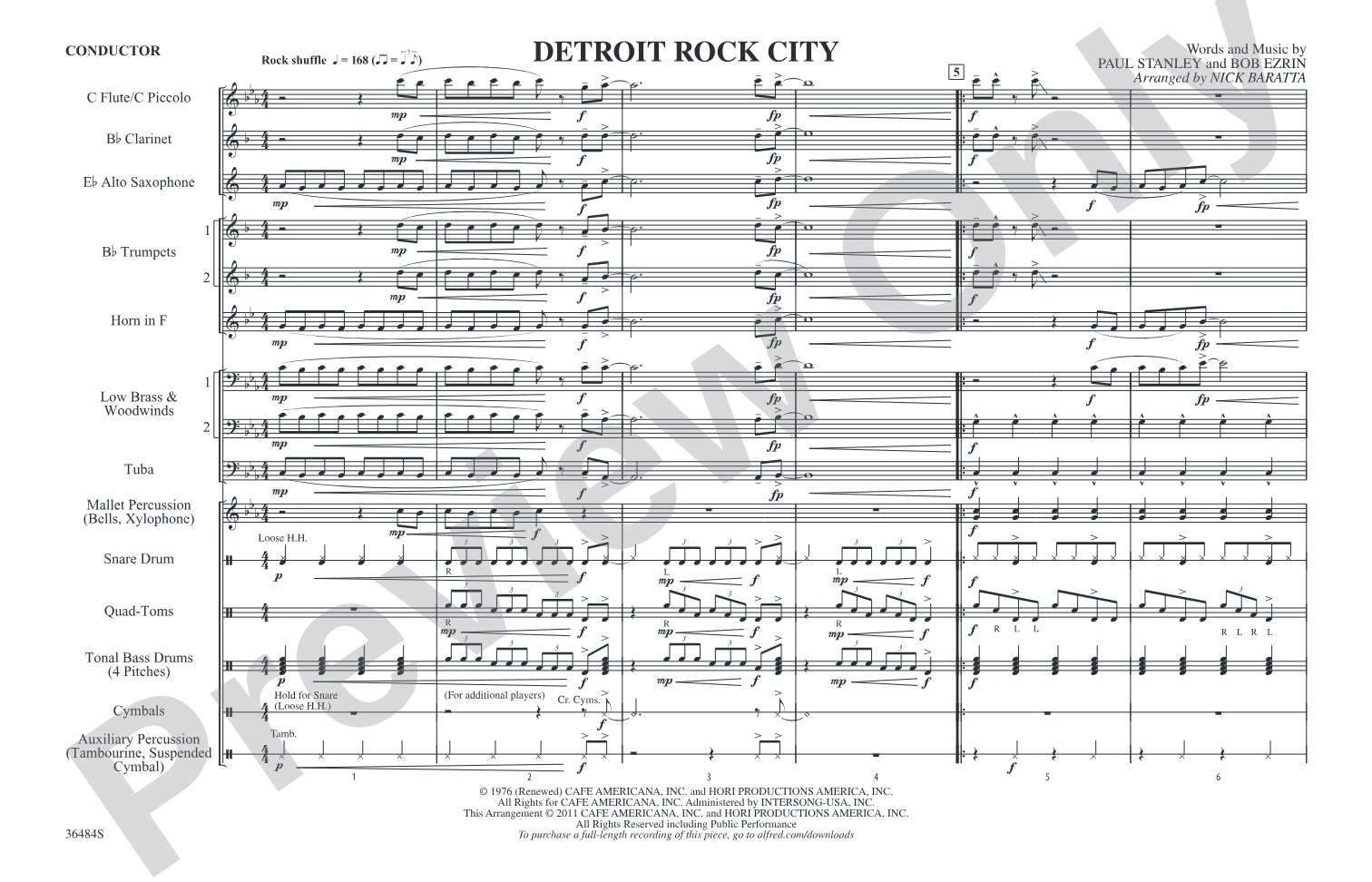 Detroit Rock City: Marching Band Conductor Score & Parts