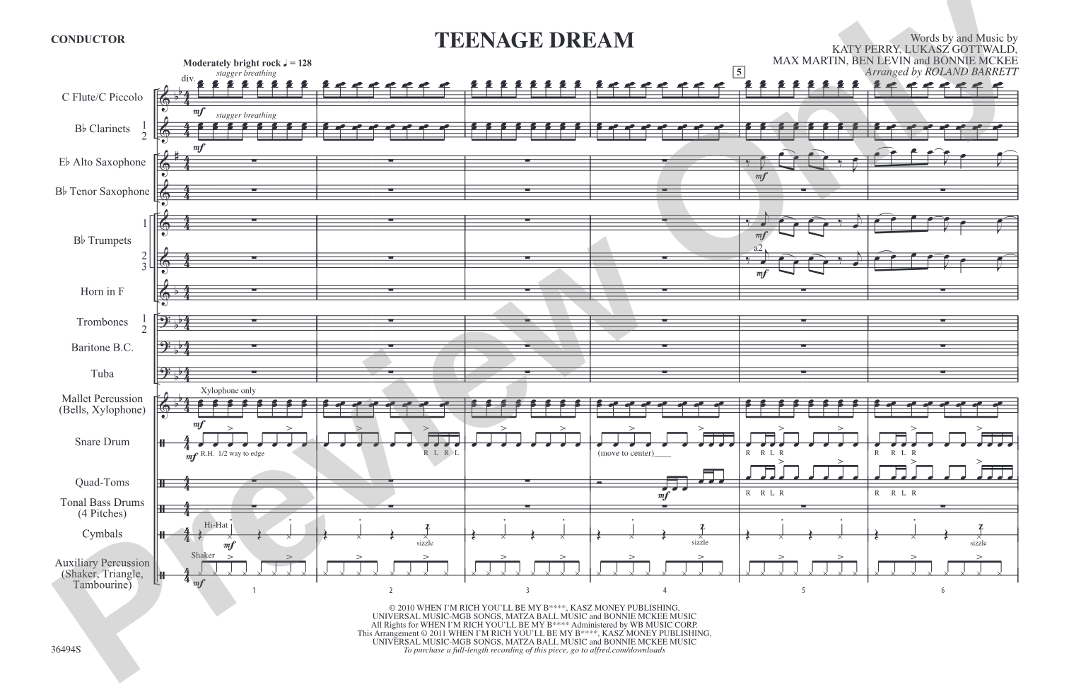 Teenage Dream: Marching Band Conductor Score & Parts