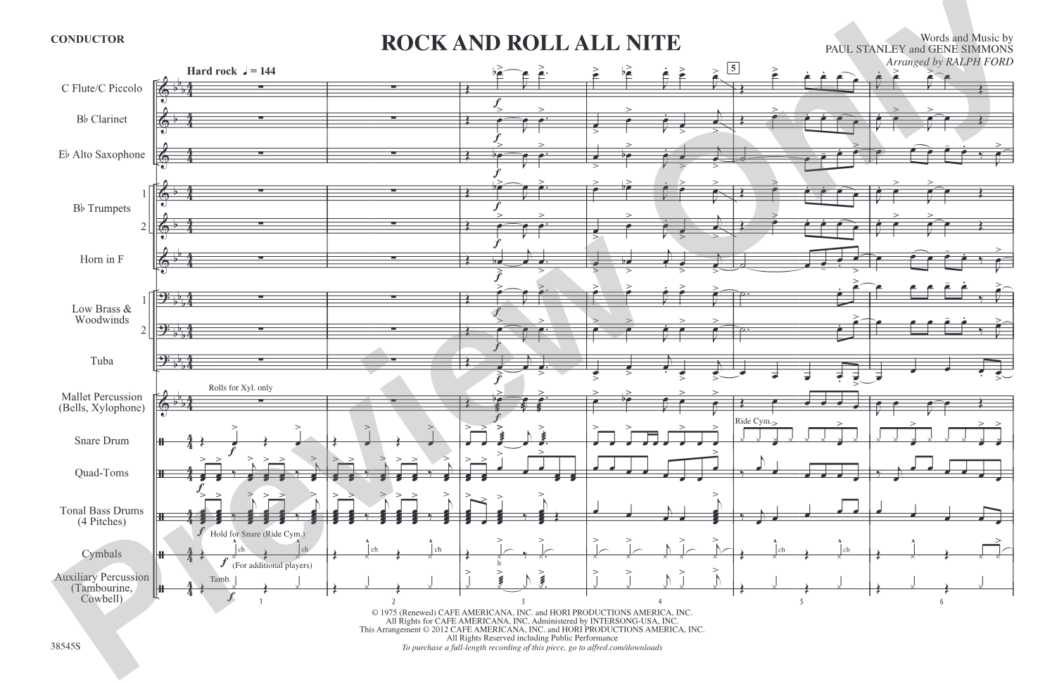 Rock and Roll All Nite: Marching Band Conductor Score & Parts