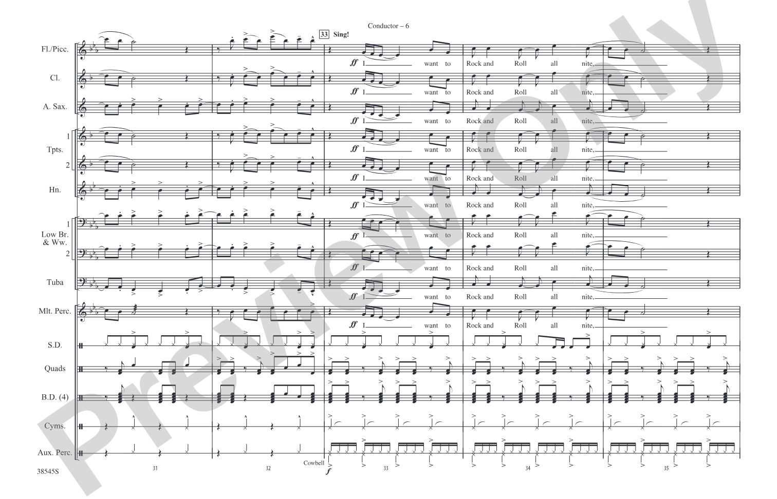 Rock and Roll All Nite: Marching Band Conductor Score & Parts