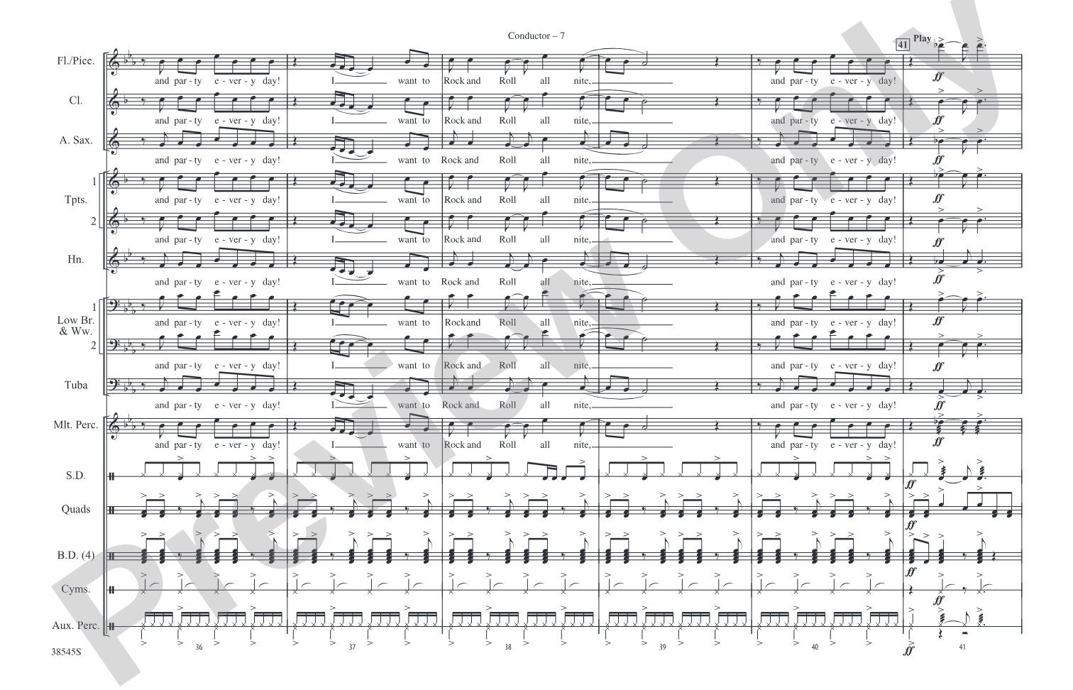 Rock and Roll All Nite: Marching Band Conductor Score & Parts