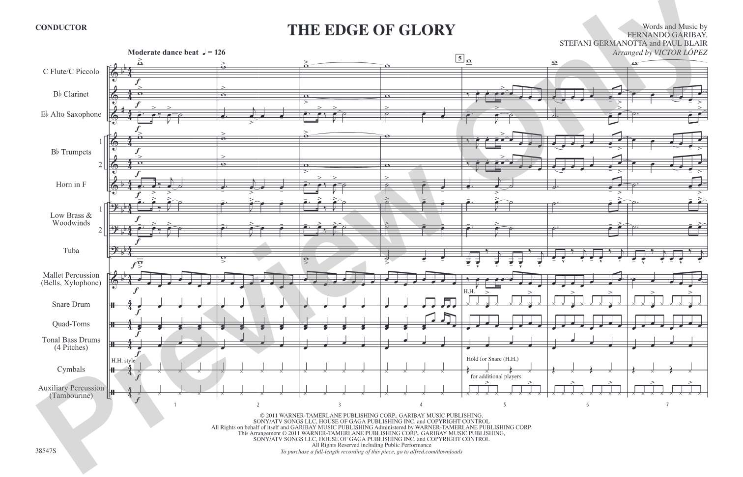 The Edge of Glory: Marching Band Conductor Score & Parts