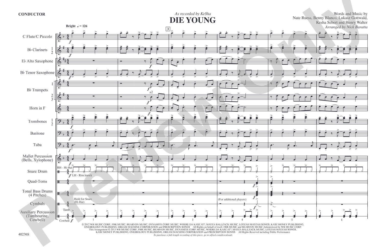 Die Young: Marching Band Conductor Score & Parts