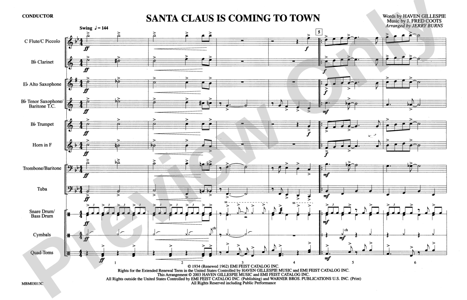 Santa Claus Is Coming to Town: Marching Band Conductor Score & Parts