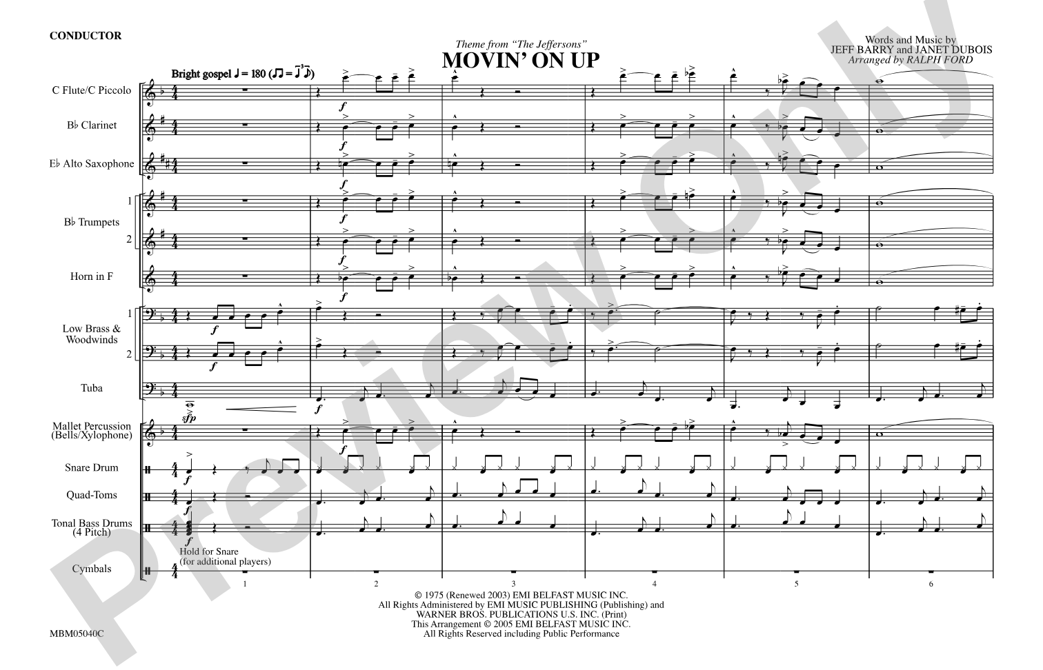 Movin' on Up (Theme from "The Jeffersons"): Marching Band Conductor Score & Parts