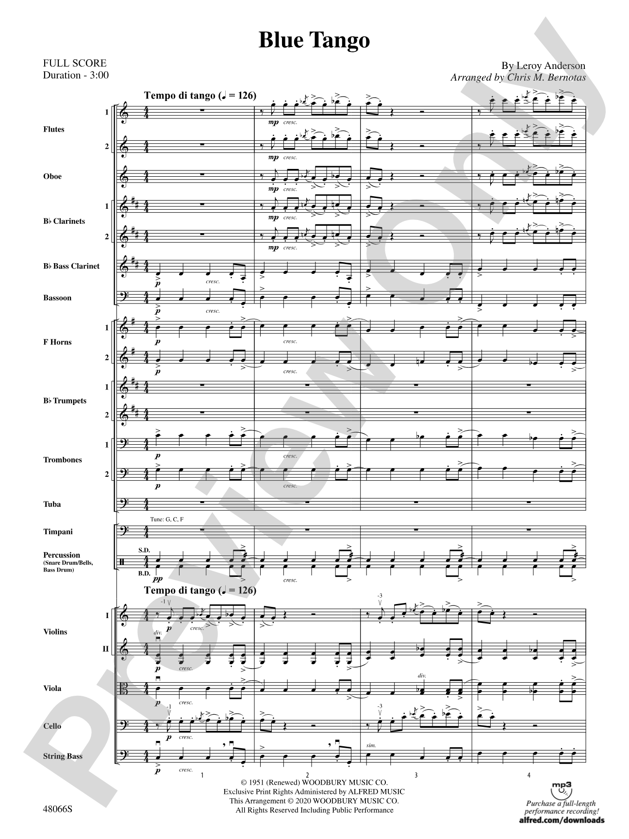 Blue Tango: Full Orchestra Conductor Score & Parts