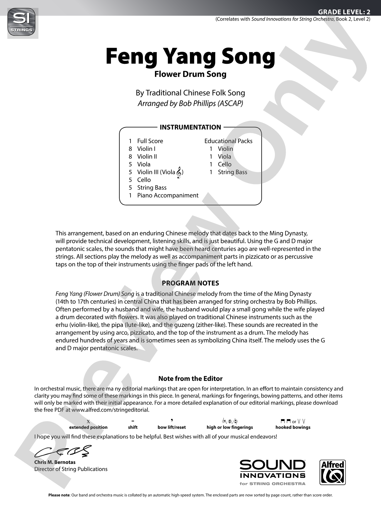 Feng Yang Song: String Orchestra Conductor Score & Parts