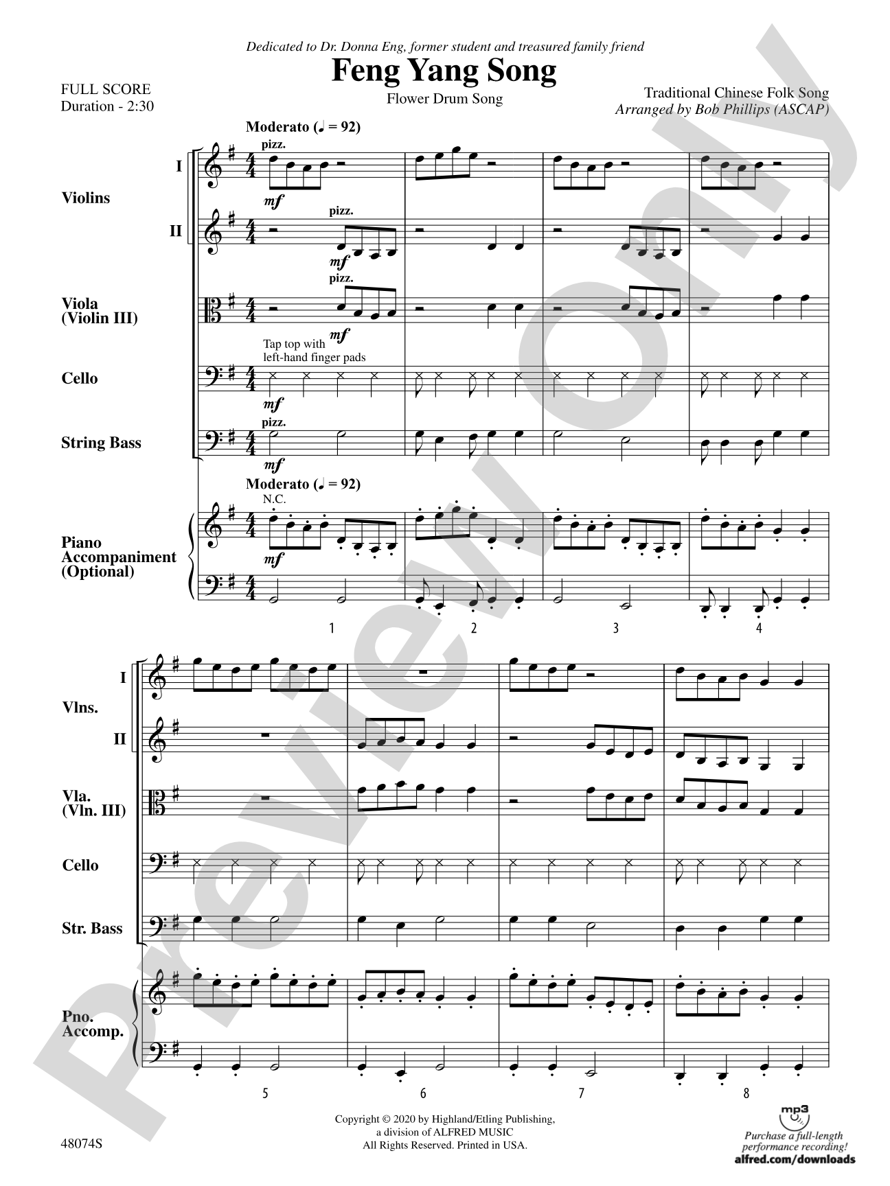 Feng Yang Song: String Orchestra Conductor Score & Parts