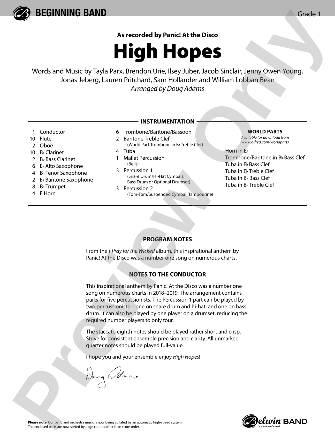 High Hopes: Concert Band Conductor Score & Parts