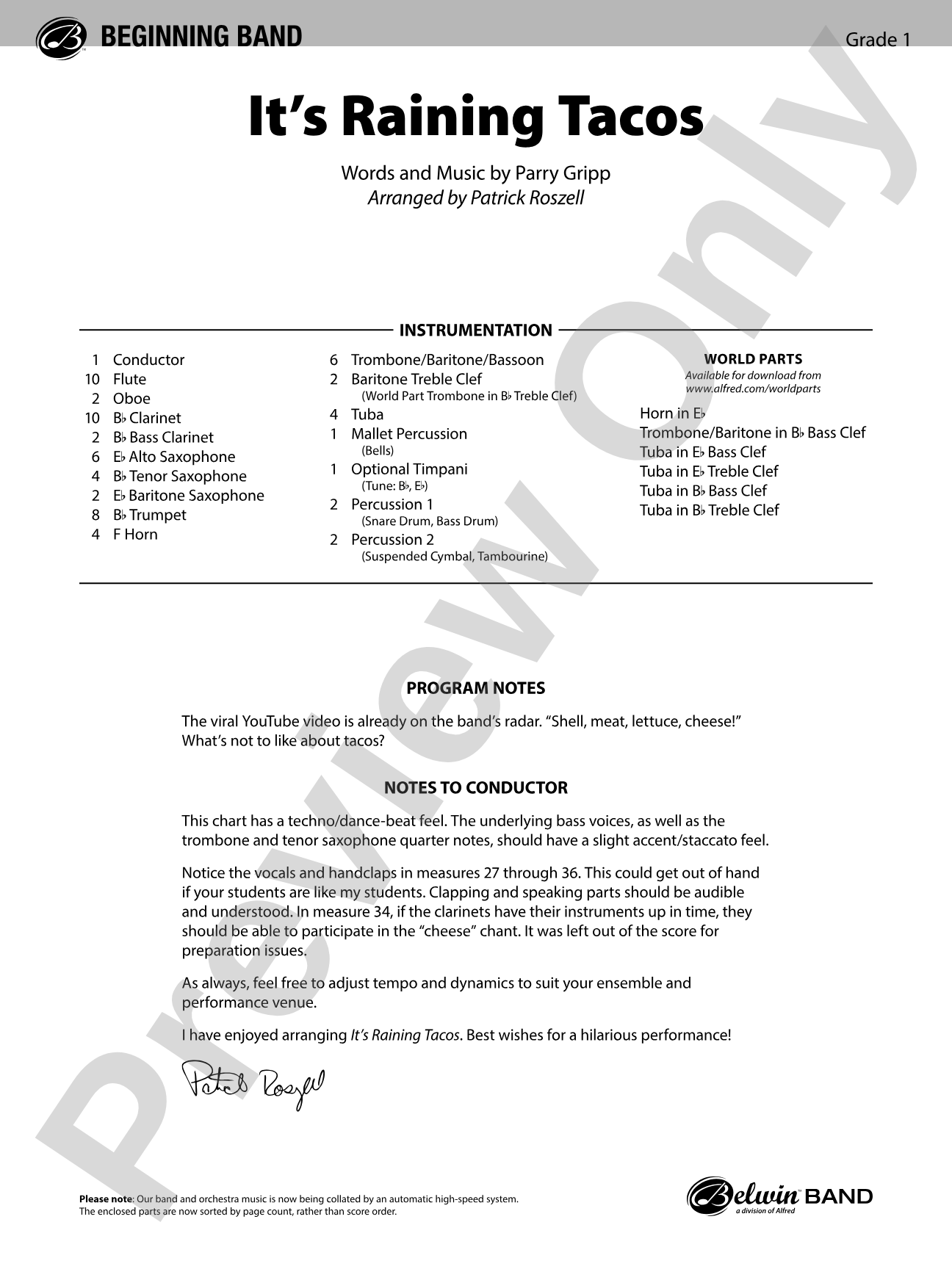 It's Raining Tacos: Concert Band Conductor Score & Parts