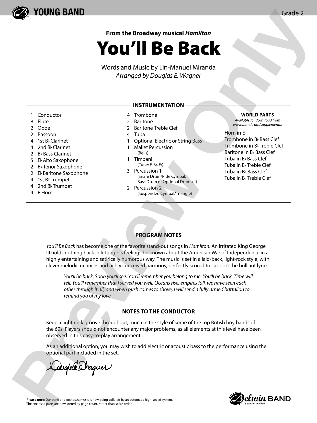 You'll Be Back: Concert Band Conductor Score & Parts