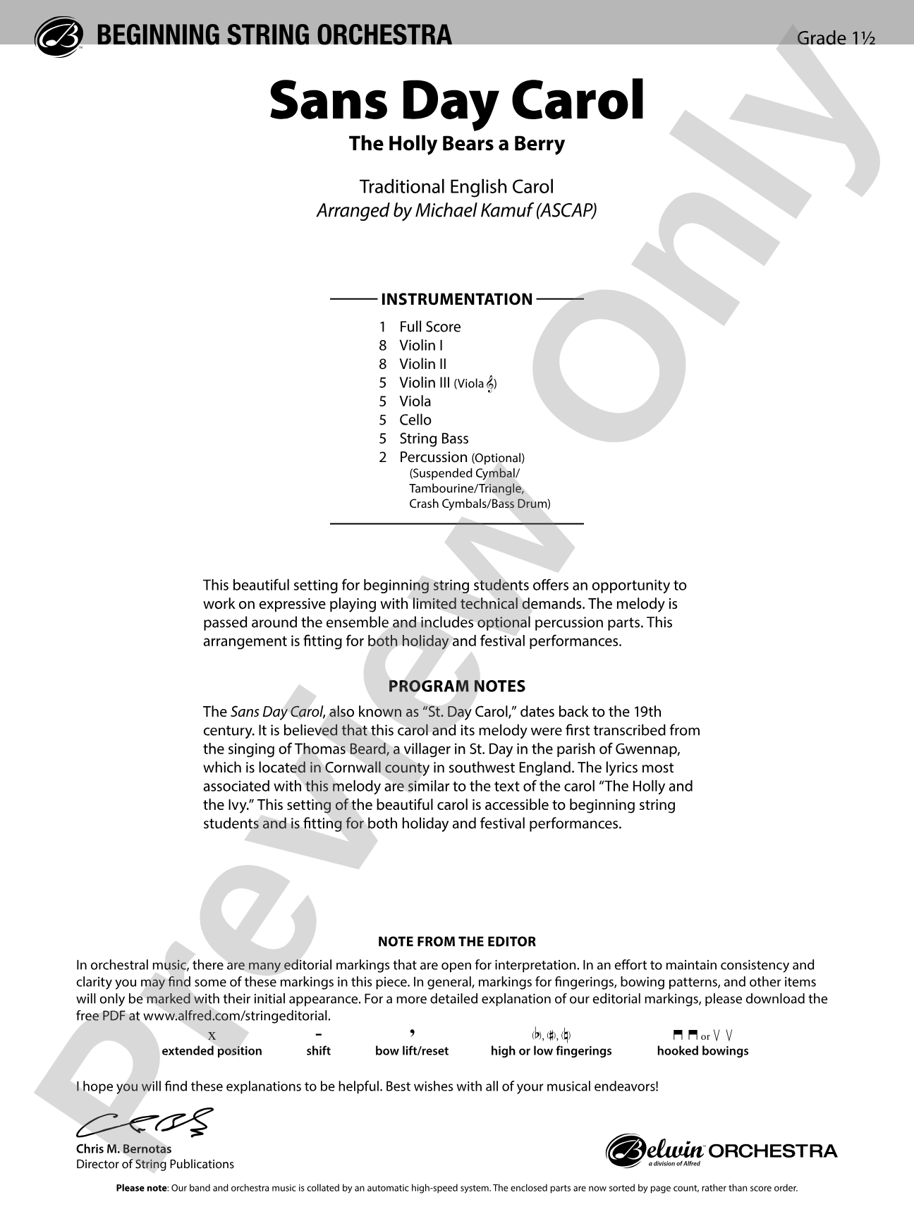 Sans Day Carol: String Orchestra Conductor Score & Parts