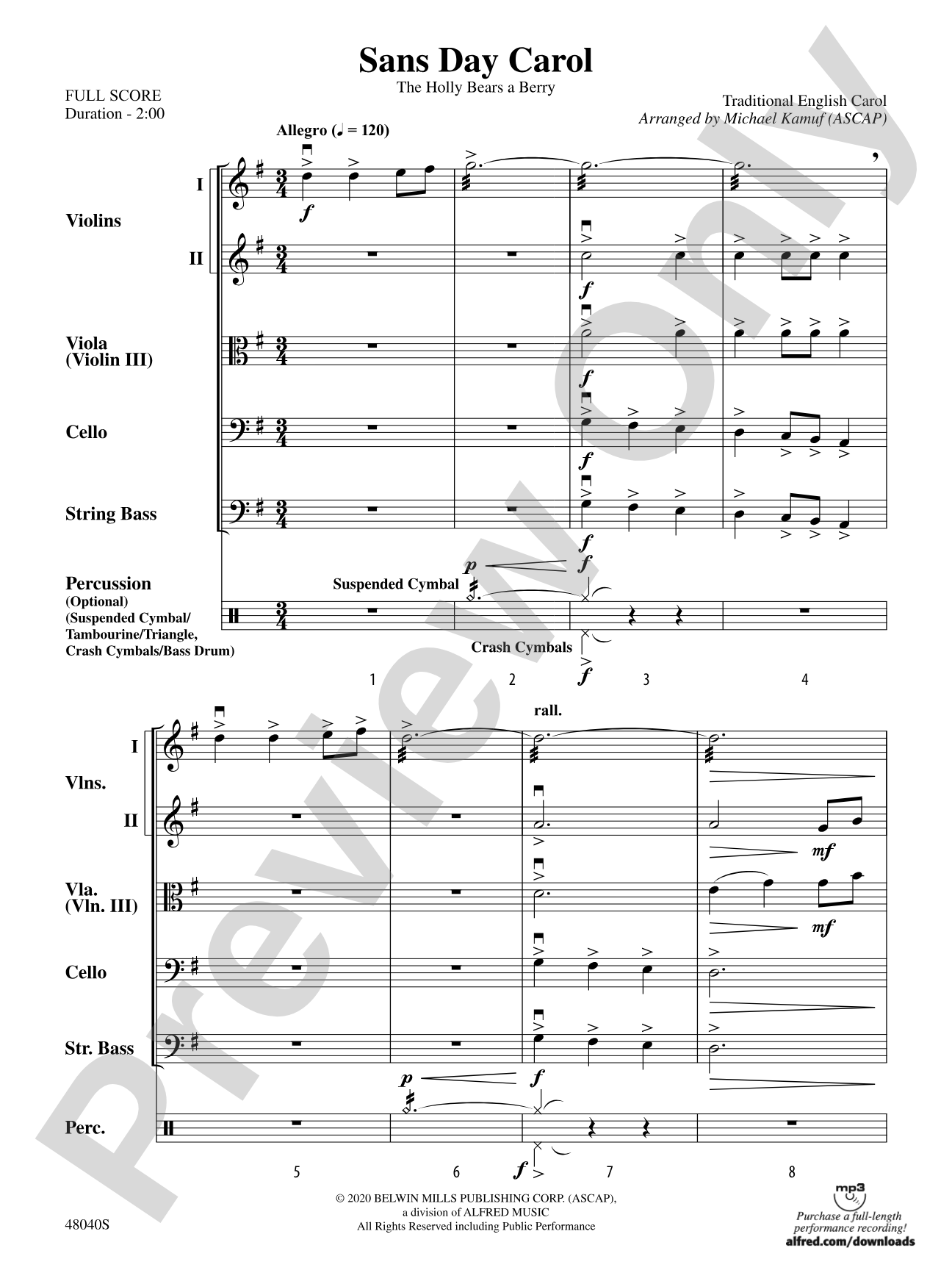 Sans Day Carol: String Orchestra Conductor Score & Parts
