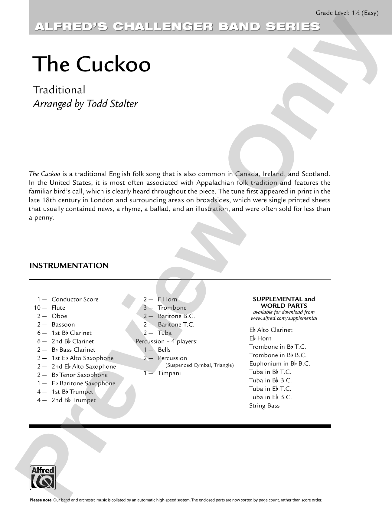 The Cuckoo: Concert Band Conductor Score & Parts