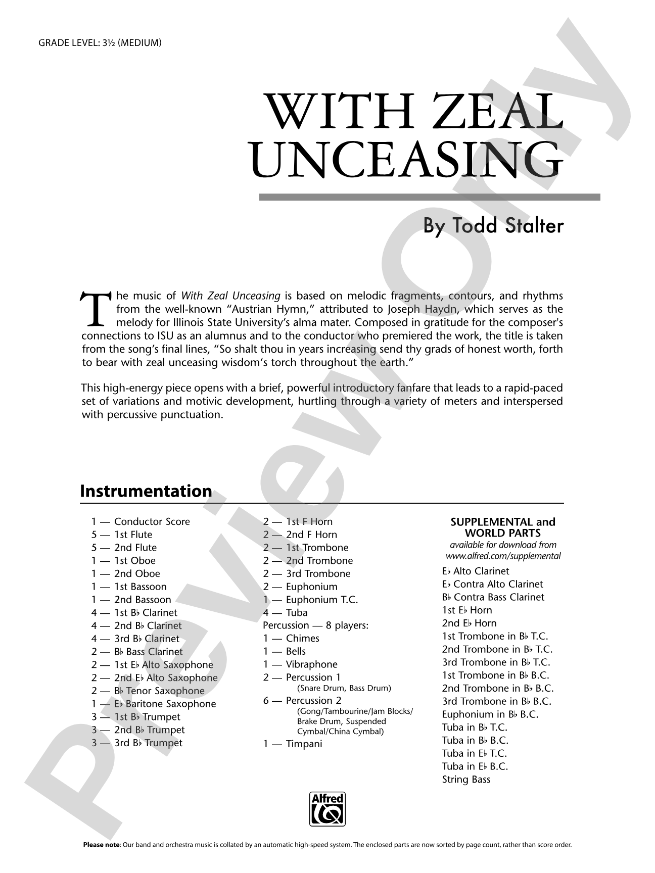 With Zeal Unceasing: Concert Band Conductor Score & Parts