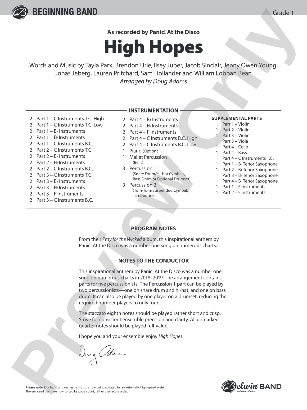 High Hopes: Flexible Band/String Ensemble Score & Parts
