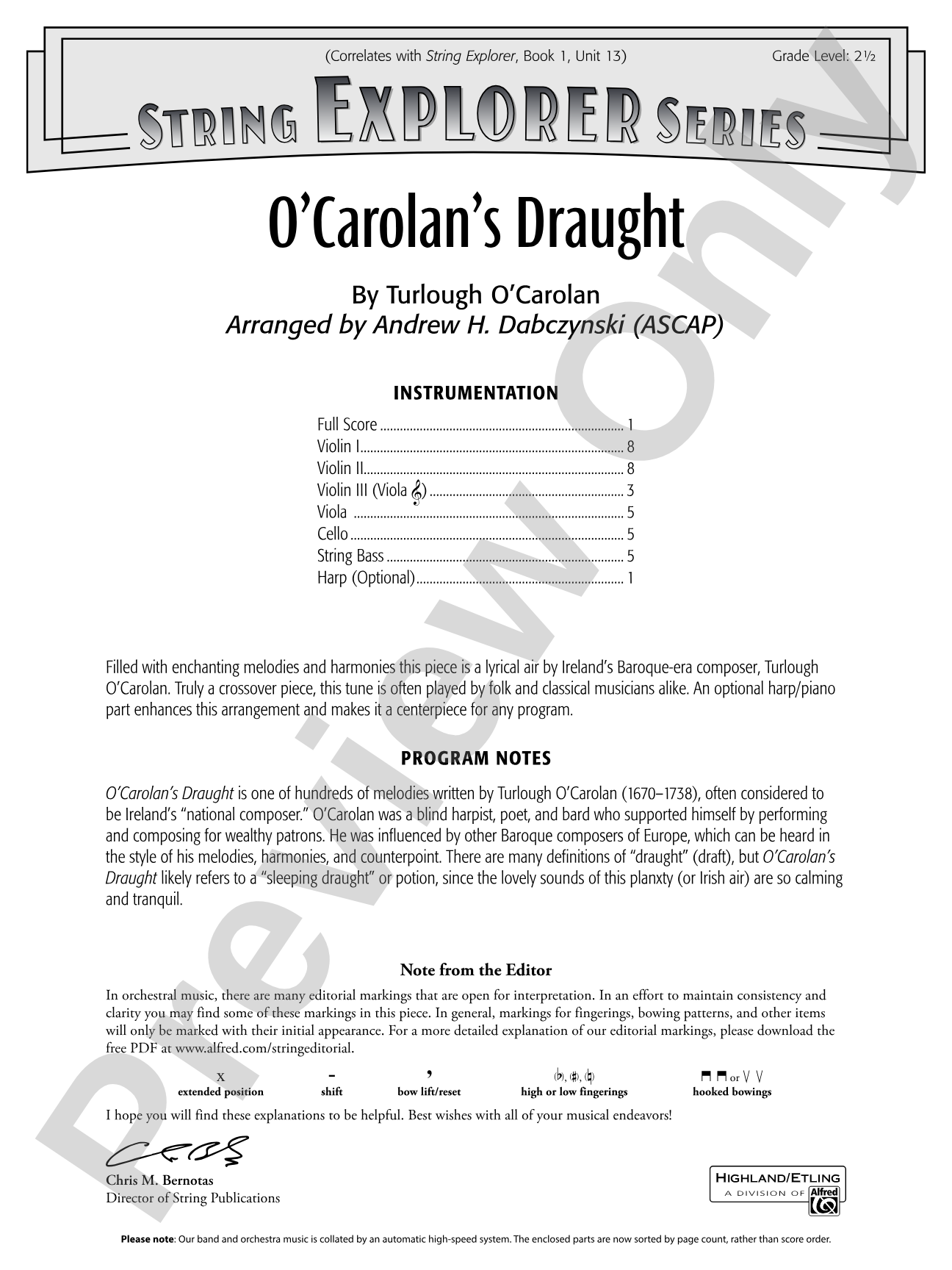 O'Carolan's Draught: String Orchestra Conductor Score & Parts