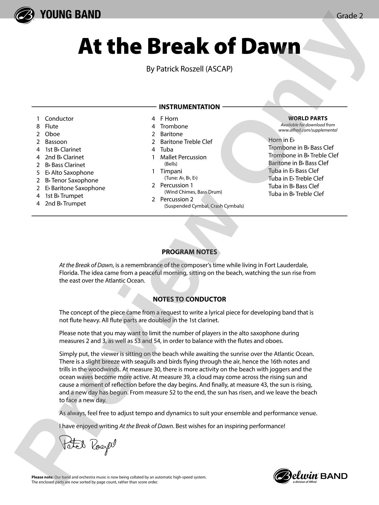 At the Break of Dawn: Concert Band Conductor Score & Parts