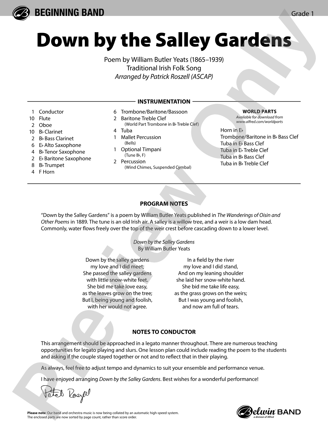 Down by the Salley Gardens: Concert Band Conductor Score & Parts