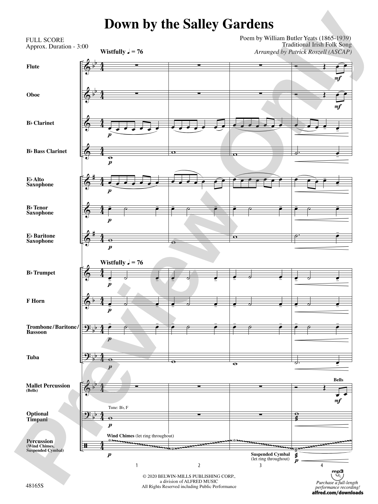 Down by the Salley Gardens: Concert Band Conductor Score & Parts