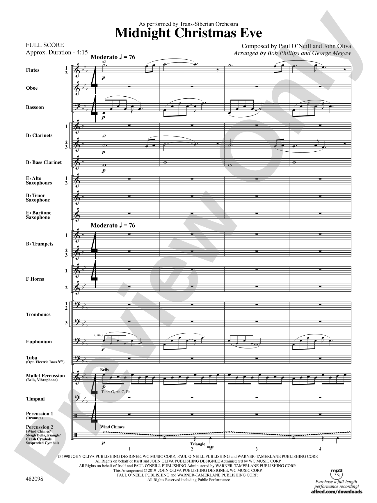 Midnight Christmas Eve: Concert Band Conductor Score & Parts
