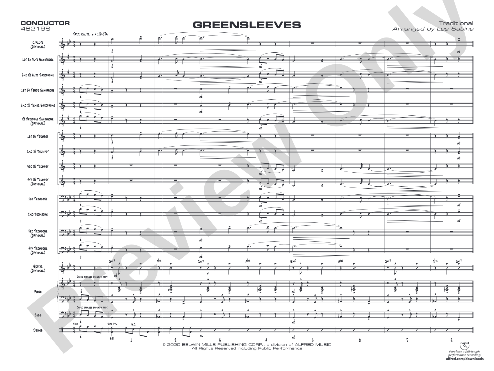 Greensleeves: Jazz Ensemble Conductor Score & Parts