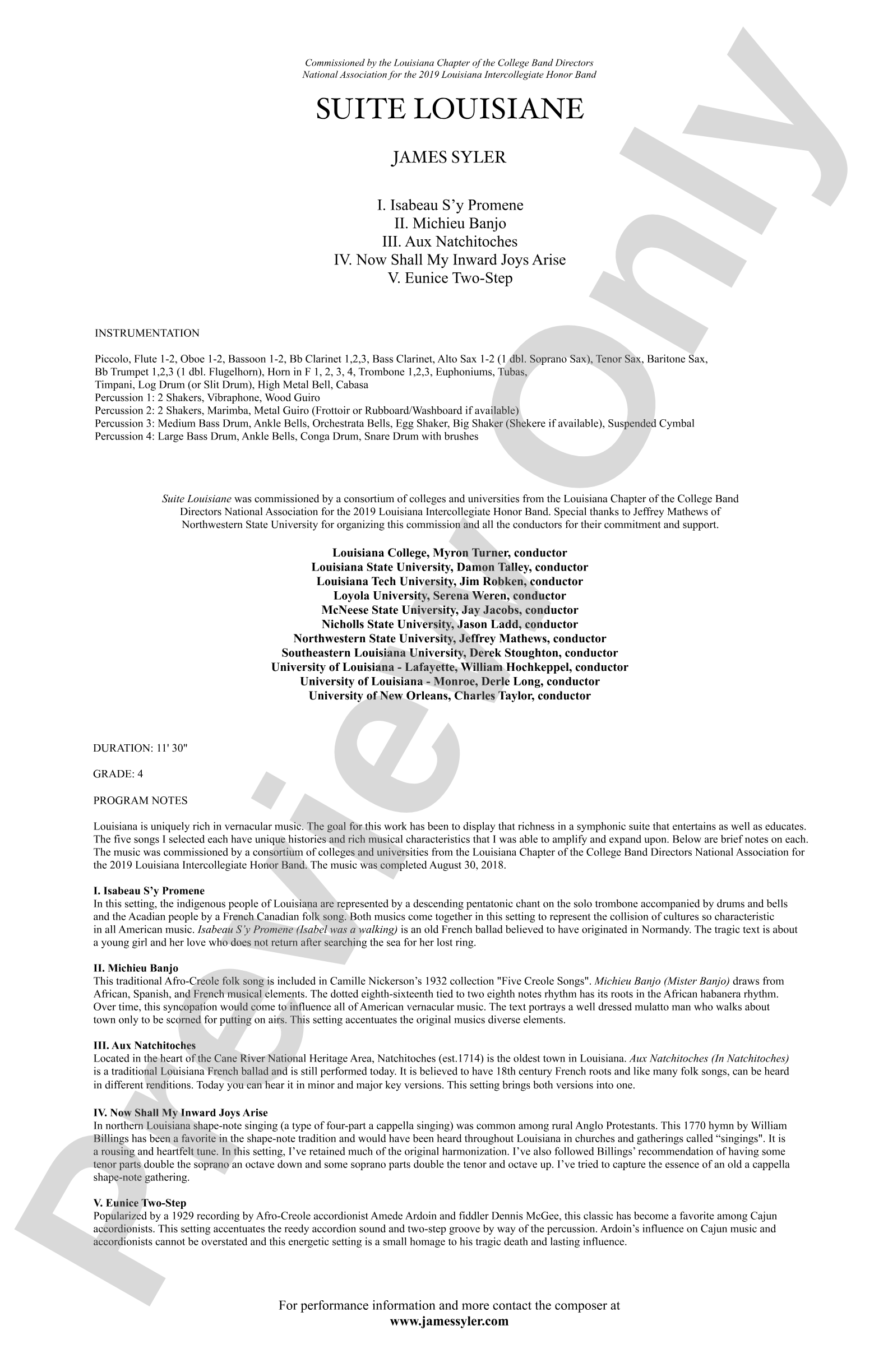 Suite Louisiane: Score