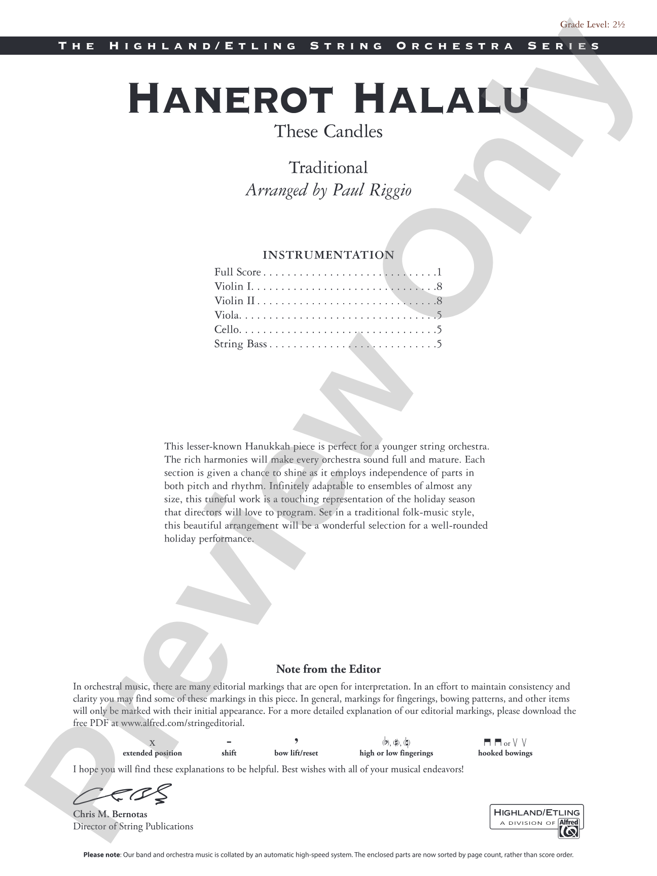 Hanerot Halalu: String Orchestra Conductor Score & Parts