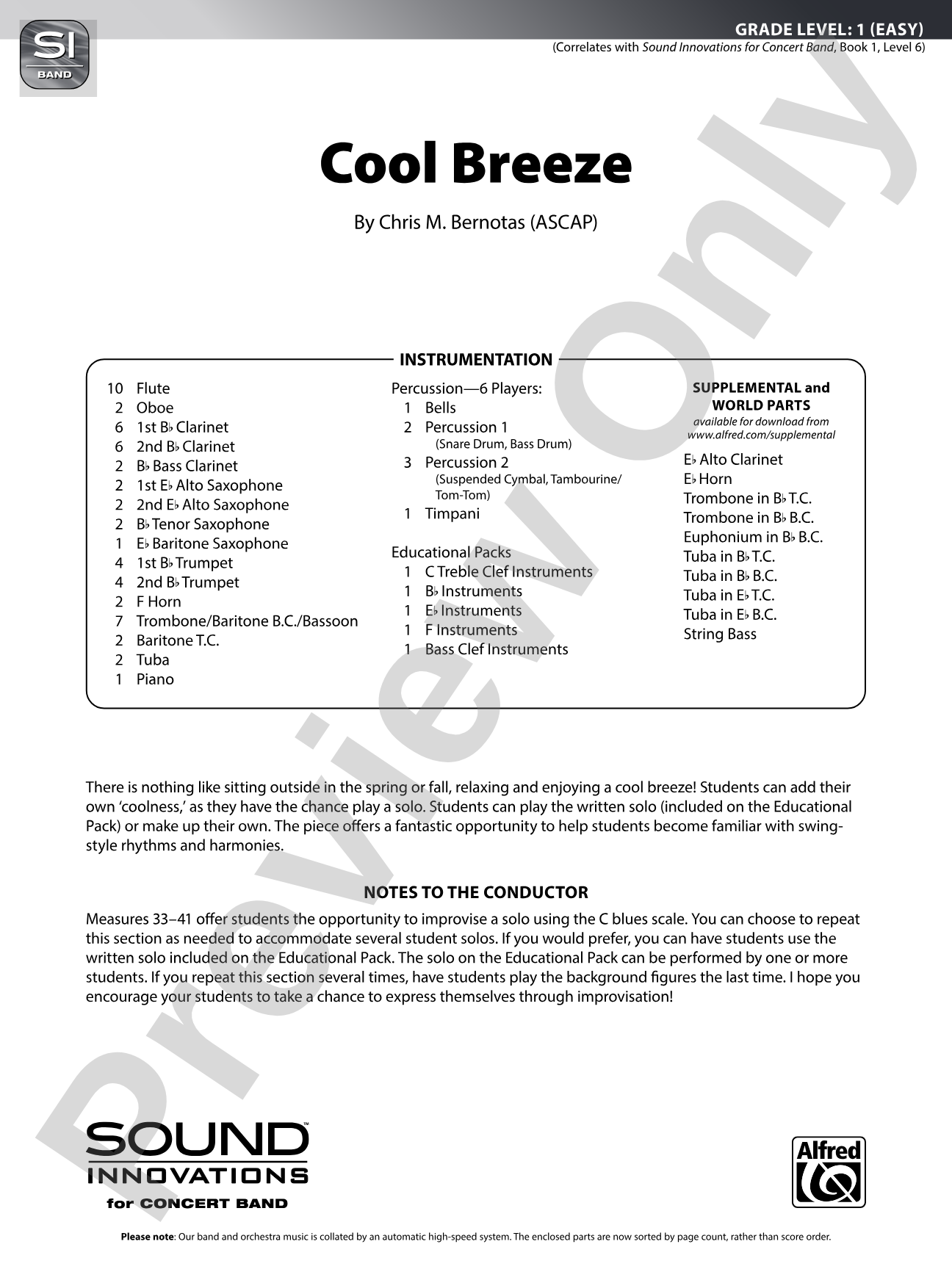 Cool Breeze: Concert Band Conductor Score & Parts