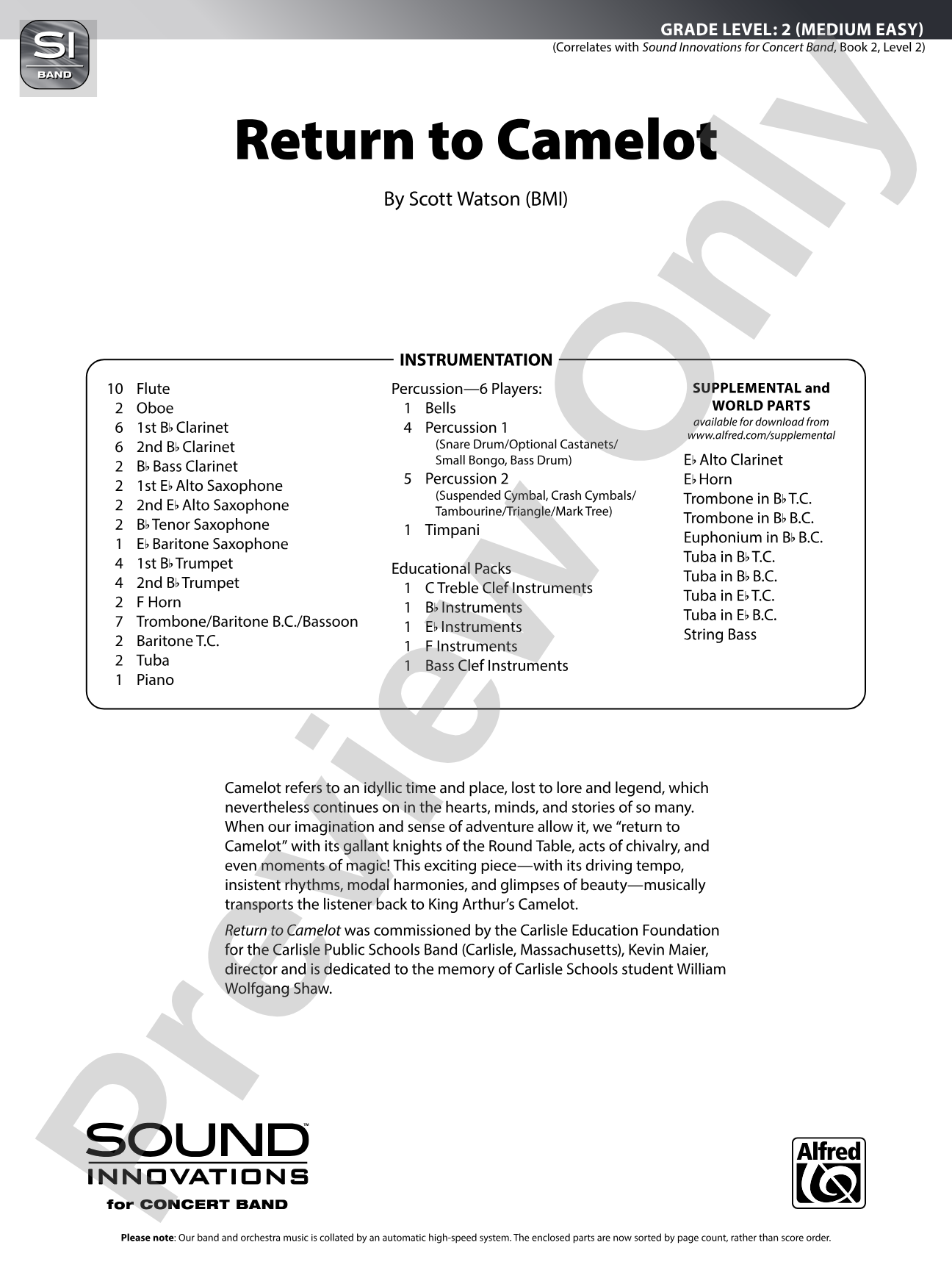 Return to Camelot: Concert Band Conductor Score & Parts