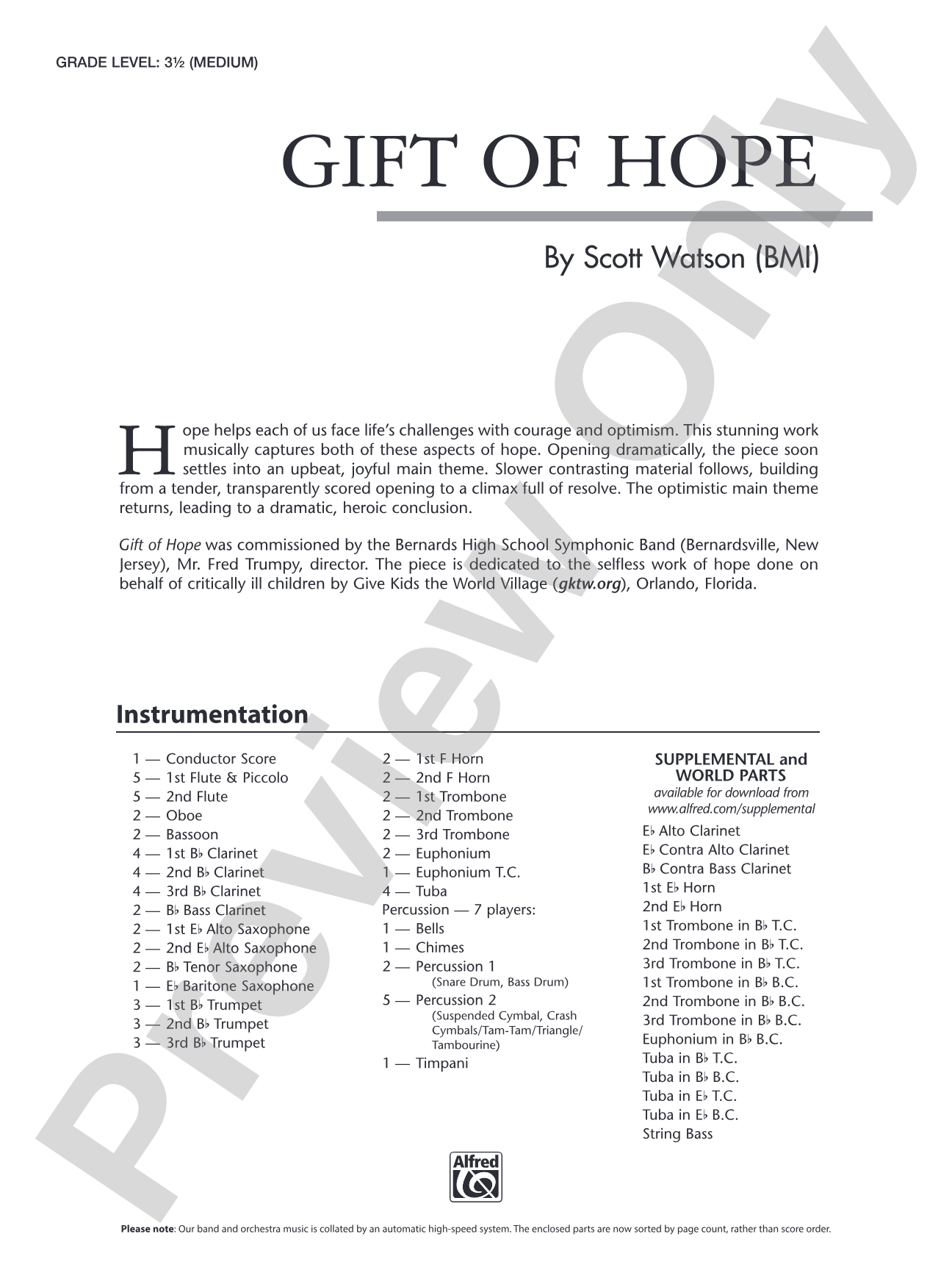 Gift of Hope: Concert Band Conductor Score & Parts