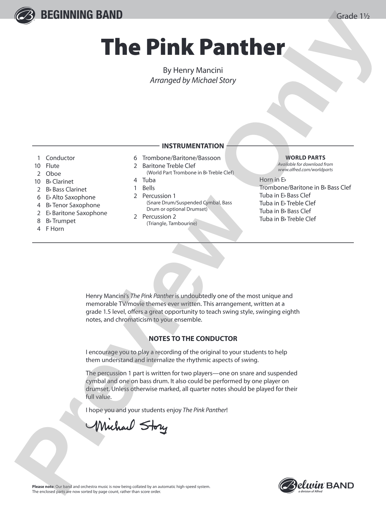 The Pink Panther: Concert Band Conductor Score & Parts