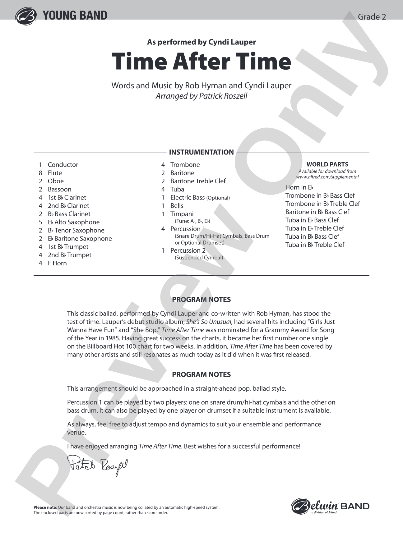 Time After Time: Concert Band Conductor Score & Parts