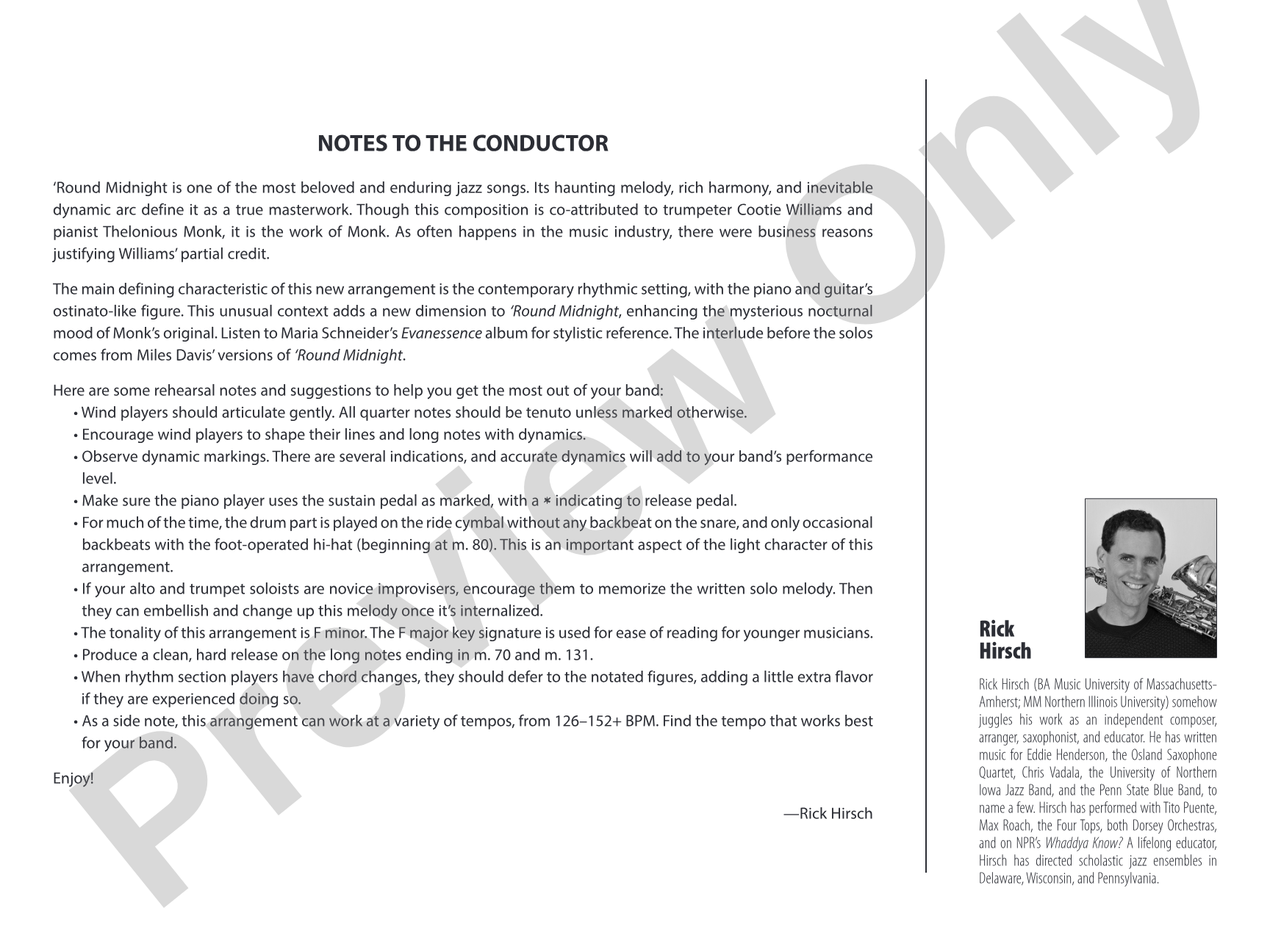 'Round Midnight: Jazz Ensemble Conductor Score & Parts
