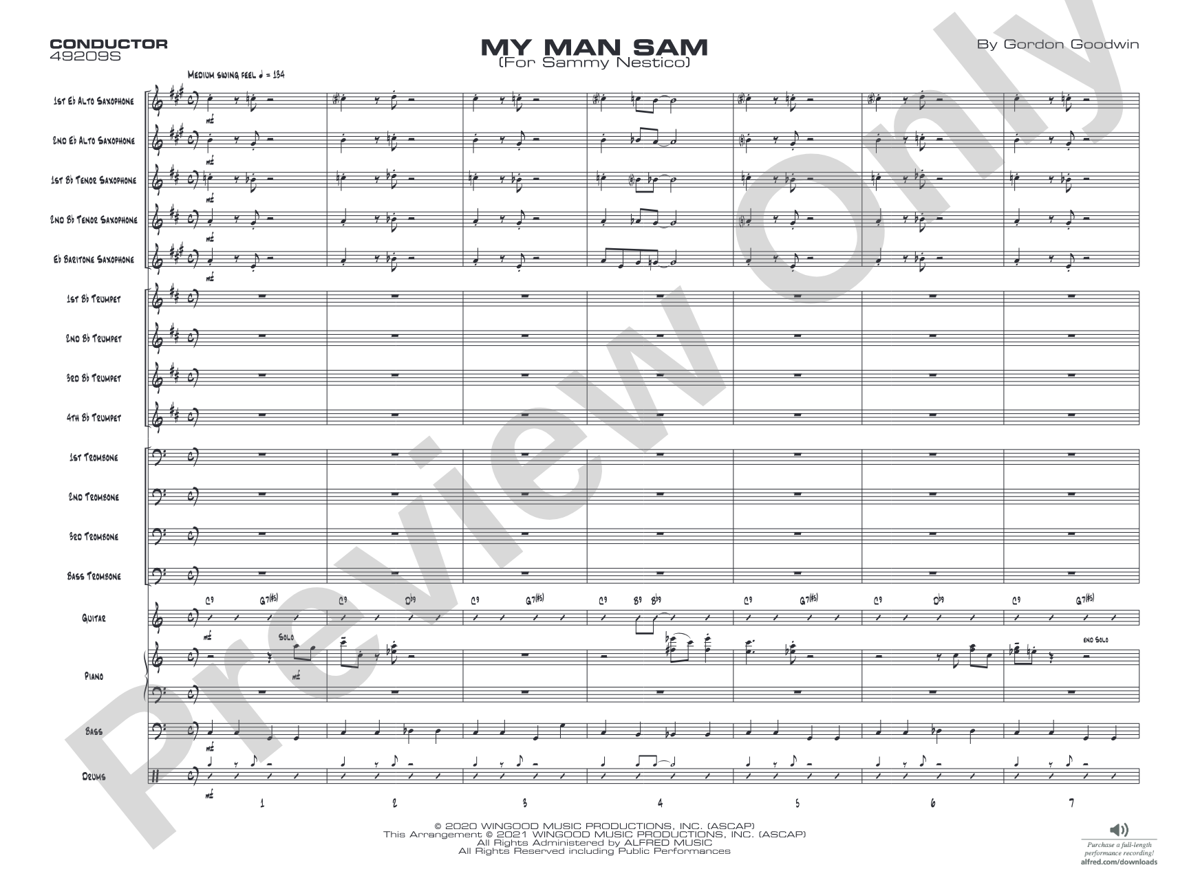 My Man Sam: Jazz Ensemble Conductor Score & Parts